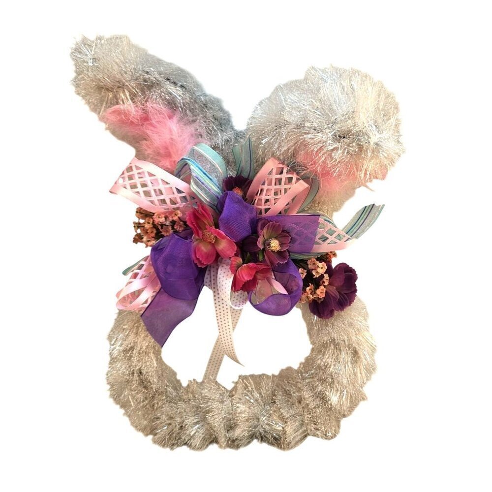 Silver Tinsel Easter Bunny Shaped Wreath With Floral & Ribbon Accents